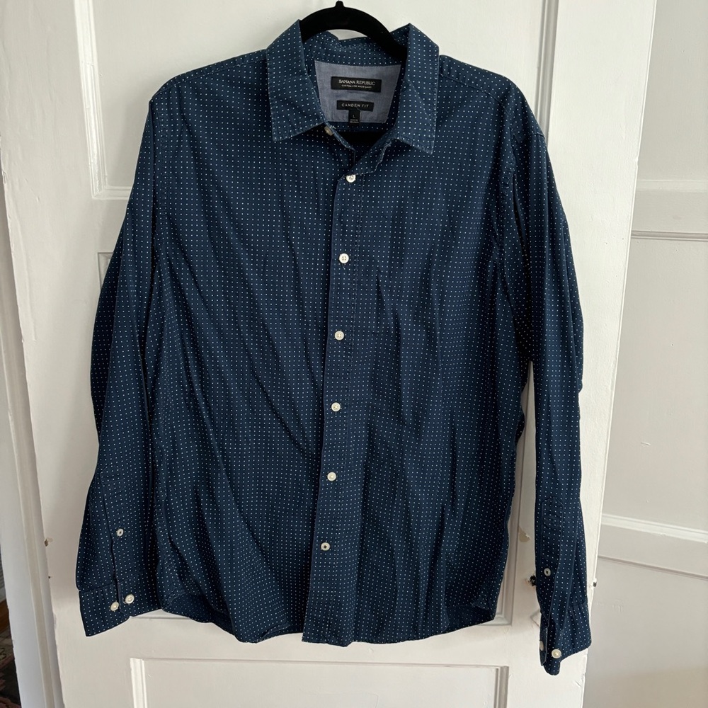 Banana Republic Men’s Navy Camden Fit Small Dot Dress Shirt | Size L